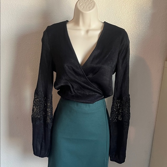 Express Black Wrap Blouse with Lace Sleeves - Picture 1 of 5
